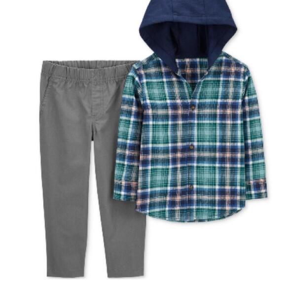 Carter's Boys'4T 2 Piece Long Sleeve Knit Top Pants (Navy/Grey Plaid hooded, 4T - Picture 3 of 7